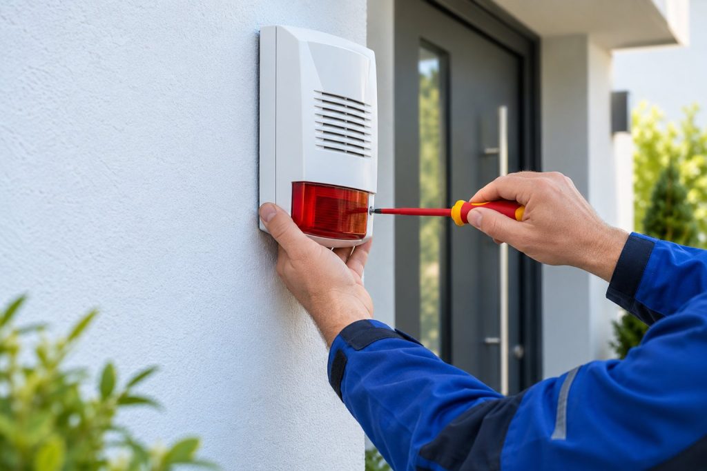 Elektriker montiert die Außensirene einer Alarmanlage an einem Saarbrücker Haus