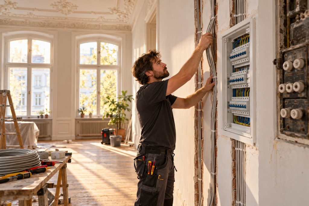 Elektriker verlegt neue Leitungen in einer Altbauwohnung neben neuem Unterverteiler und altem Sicherungskasten