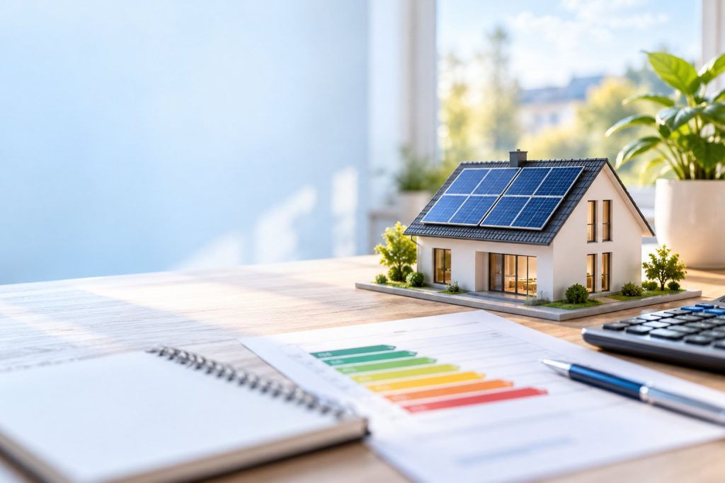 Modellhaus mit Solaranlage auf einem Schreibtisch neben Energieausweis, Notizblock und Taschenrechner