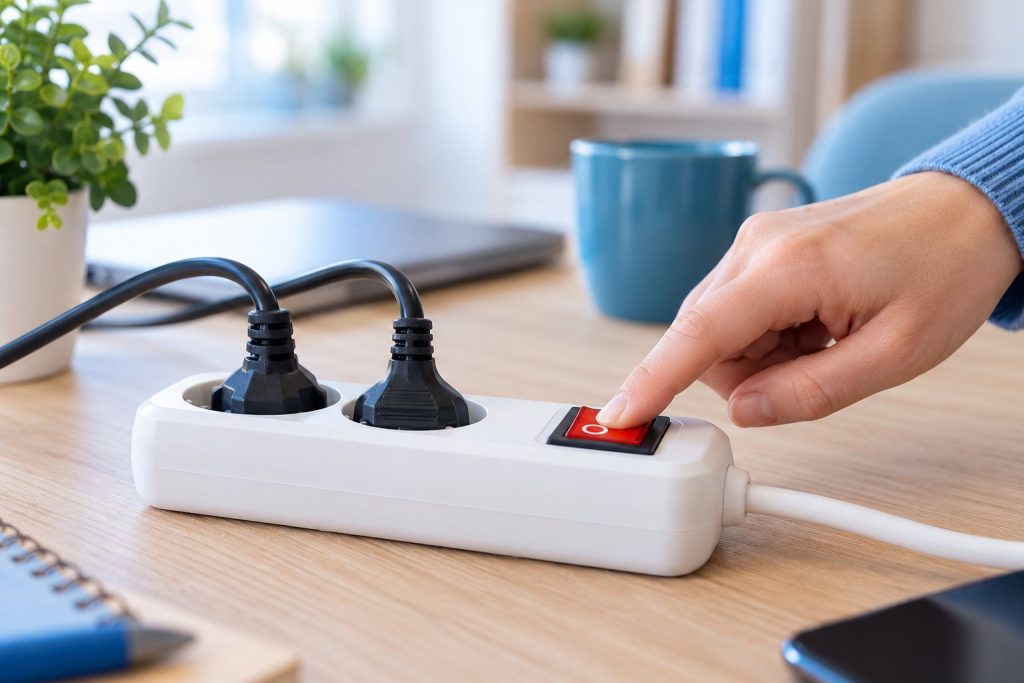 Hand schaltet eine Steckdosenleiste mit Kippschalter aus, um Standby-Strom zu sparen